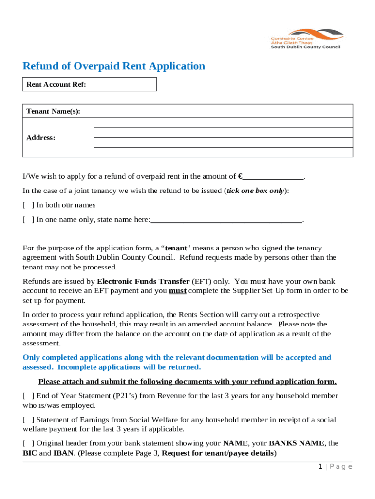 Refund of overpaid rent Application Doc Template pdfFiller