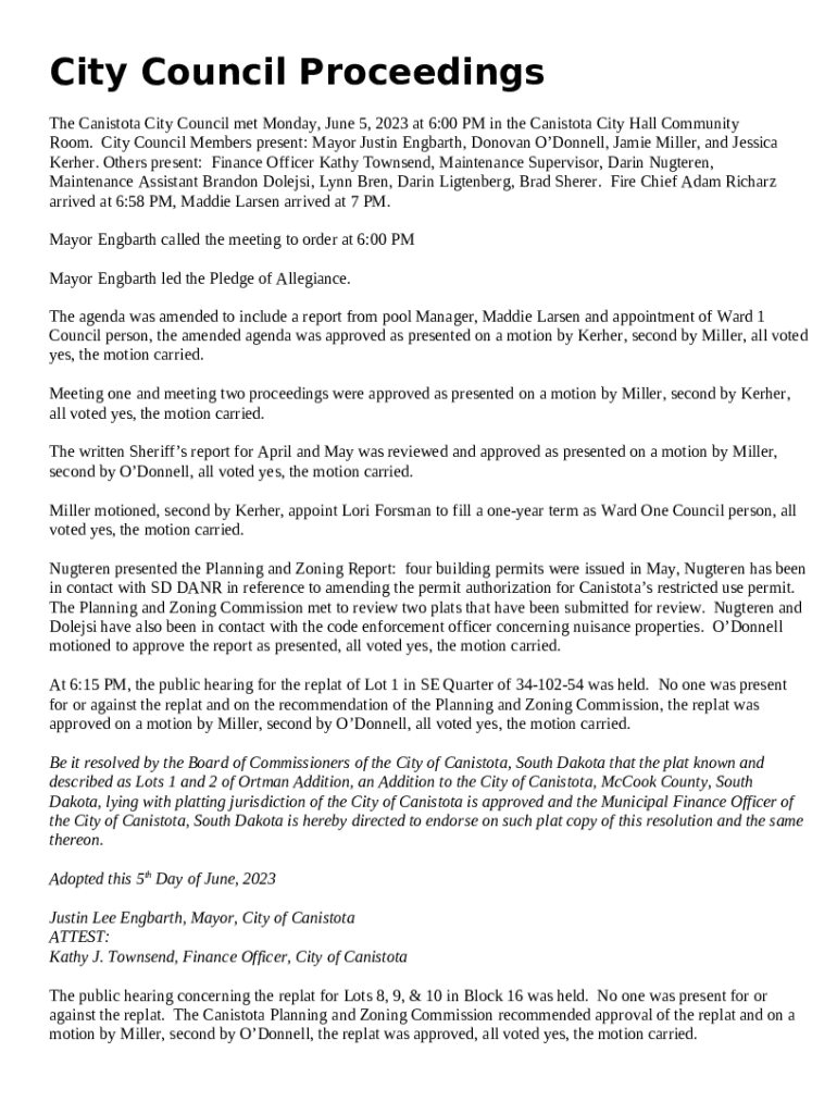 The Canistota City Council met Monday, June 5, 2023 at 600 PM in the