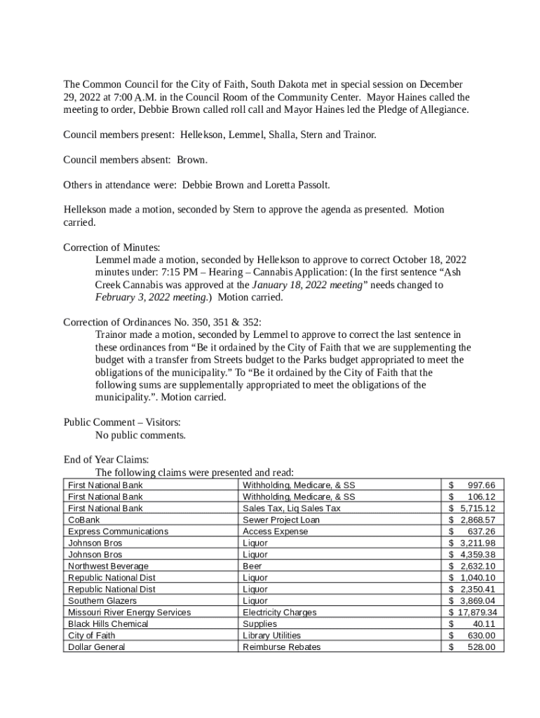 Agenda City of Faith,SD Doc Template pdfFiller