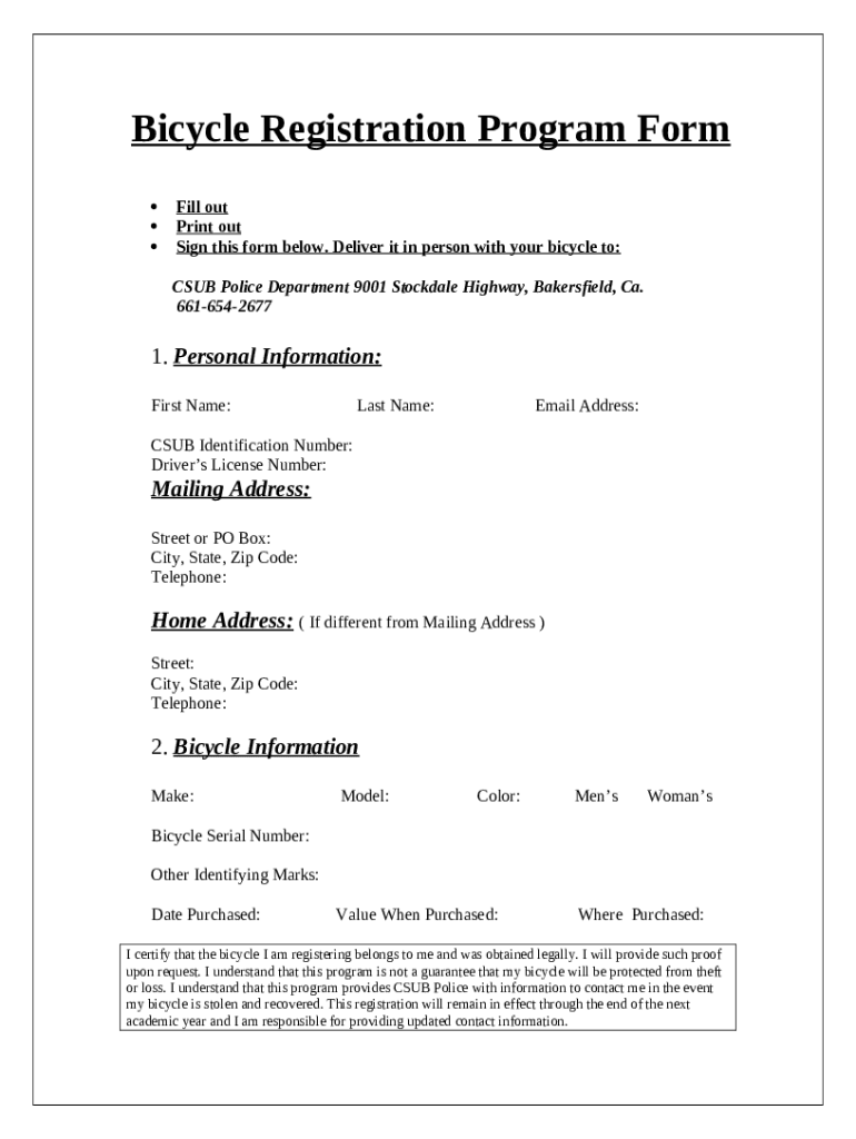 Bicycle Registration Program Doc Template pdfFiller
