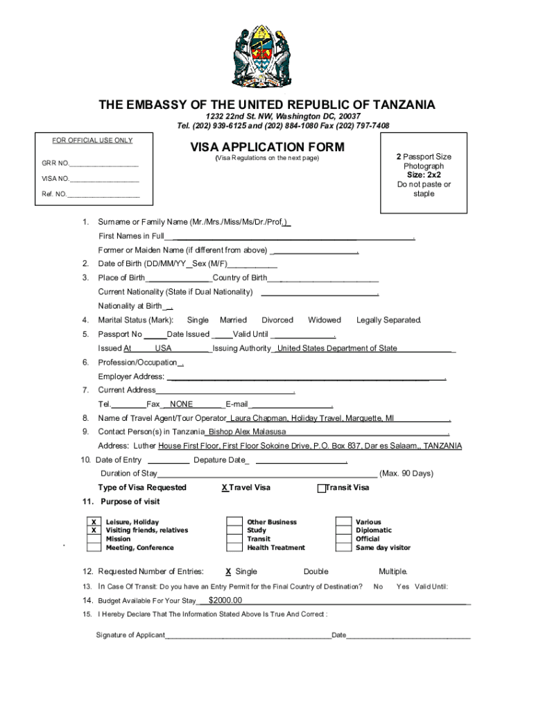 Fillable Online Tanzania Visa Application Form Tanzania Immigration 