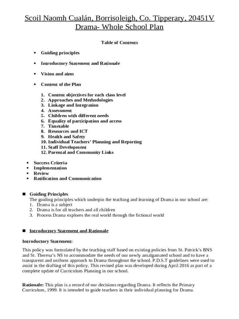 Whole School Plan for SESE History Doc Template pdfFiller