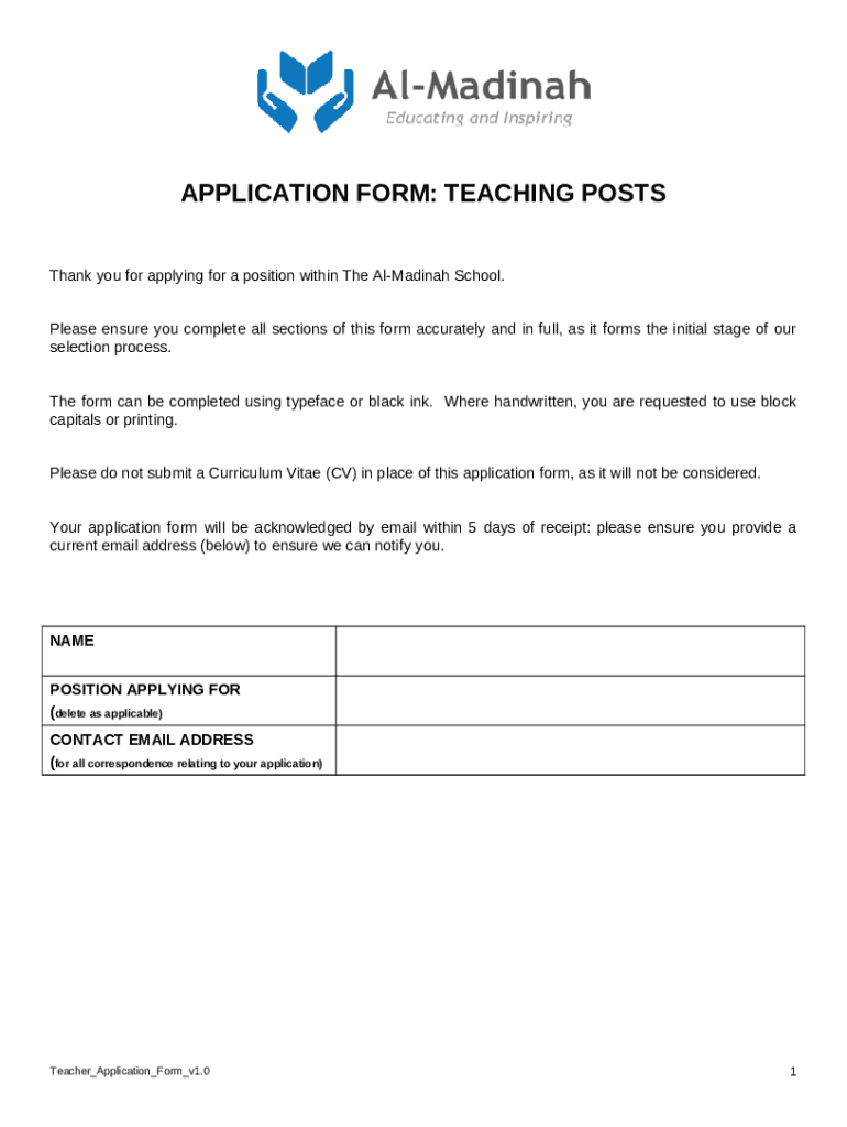 Al Madinah Teaching Post Application Doc Template pdfFiller