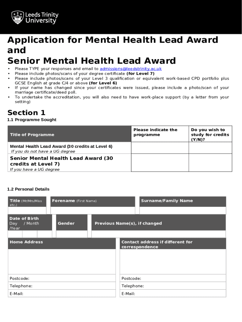 Application for Mental Health Lead Award and Senior Doc Template