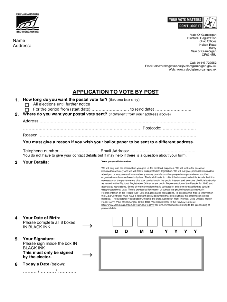 Fillable Online Postal Vote Application Blank Fax Email Print pdfFiller