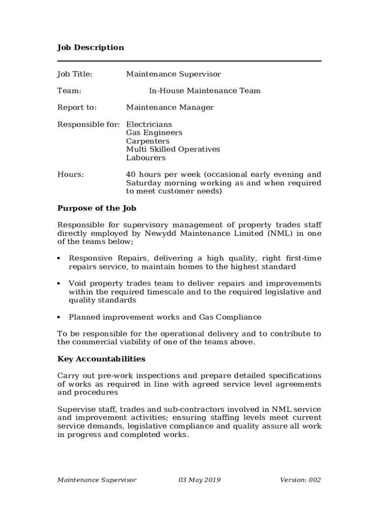 Maintenance Supervisor Job Description, Duties, Skills, Doc