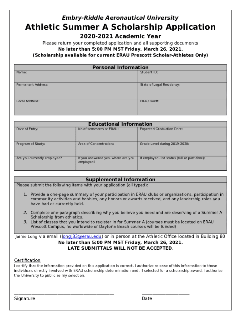 Athletics Summer A Scholarship Application EmbryRiddle Doc Template