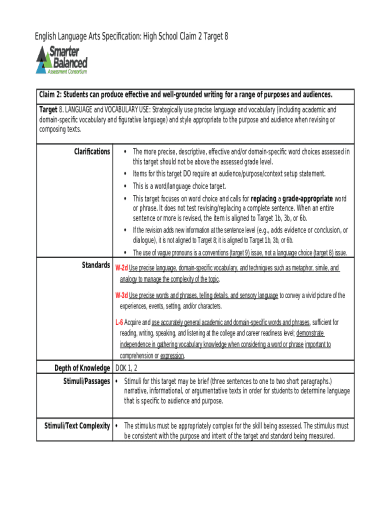 Claims, Targets, and Standard Alignment for ELA Doc Template pdfFiller