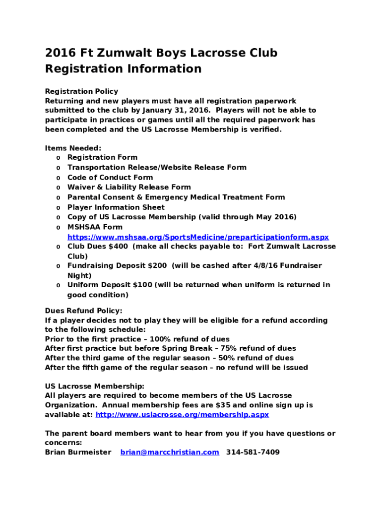 Fort Zumwalt Lacrosse Club Code of Conduct Doc Template pdfFiller