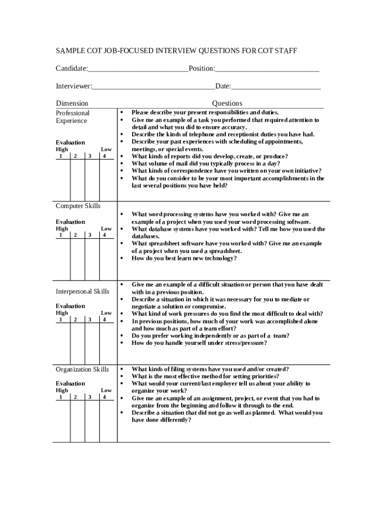 SAMPLE COT JOBFOCUSED INTERVIEW QUESTIONS FOR COT EMPLOYEES Doc