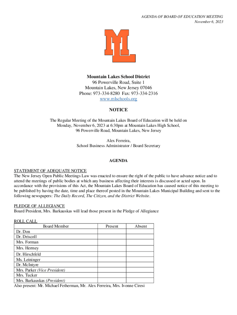 Fillable Online District Detail for Mountain Lakes Public School