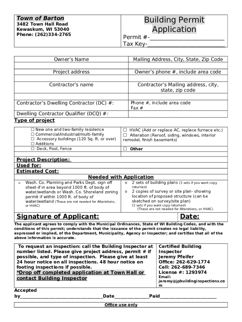 s & Permits Town of Barton, Washington County, WI Doc Template