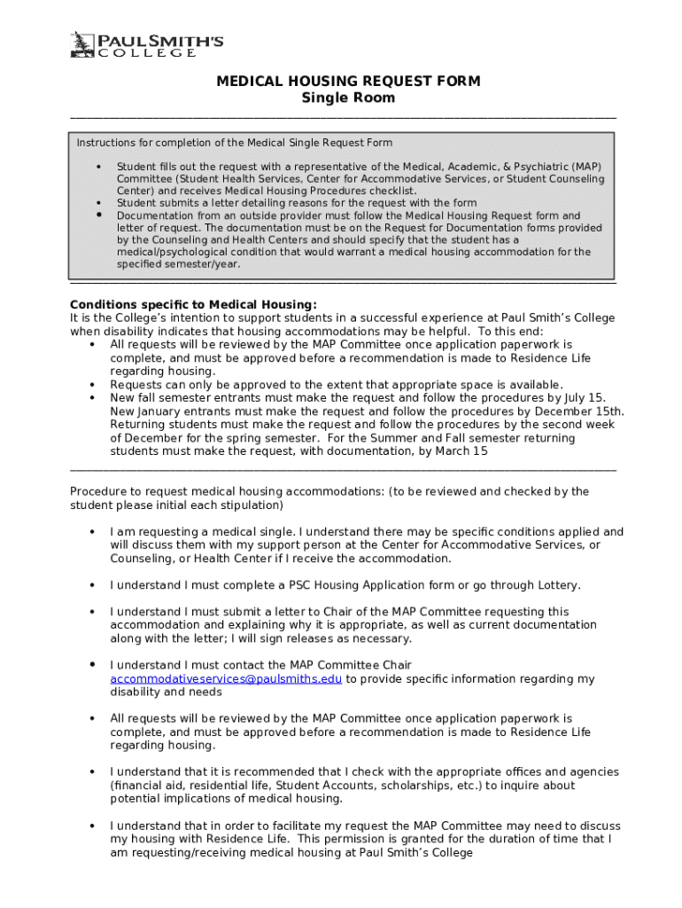 MEDICAL HOUSING REQUEST Paul Smith's College Doc Template pdfFiller