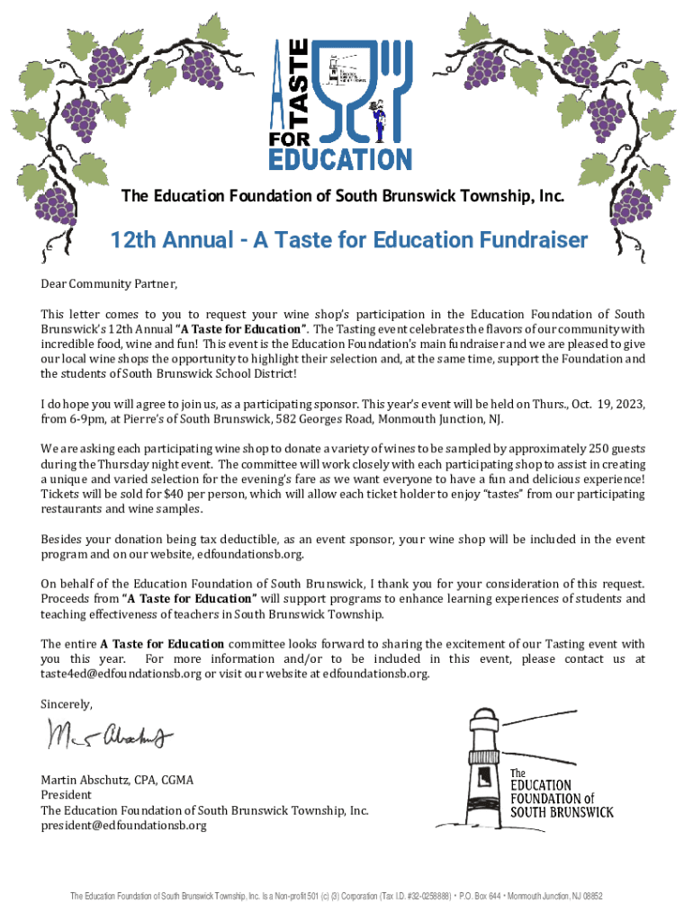 Fillable Online A Taste for Education Liquor Store Donation Letter