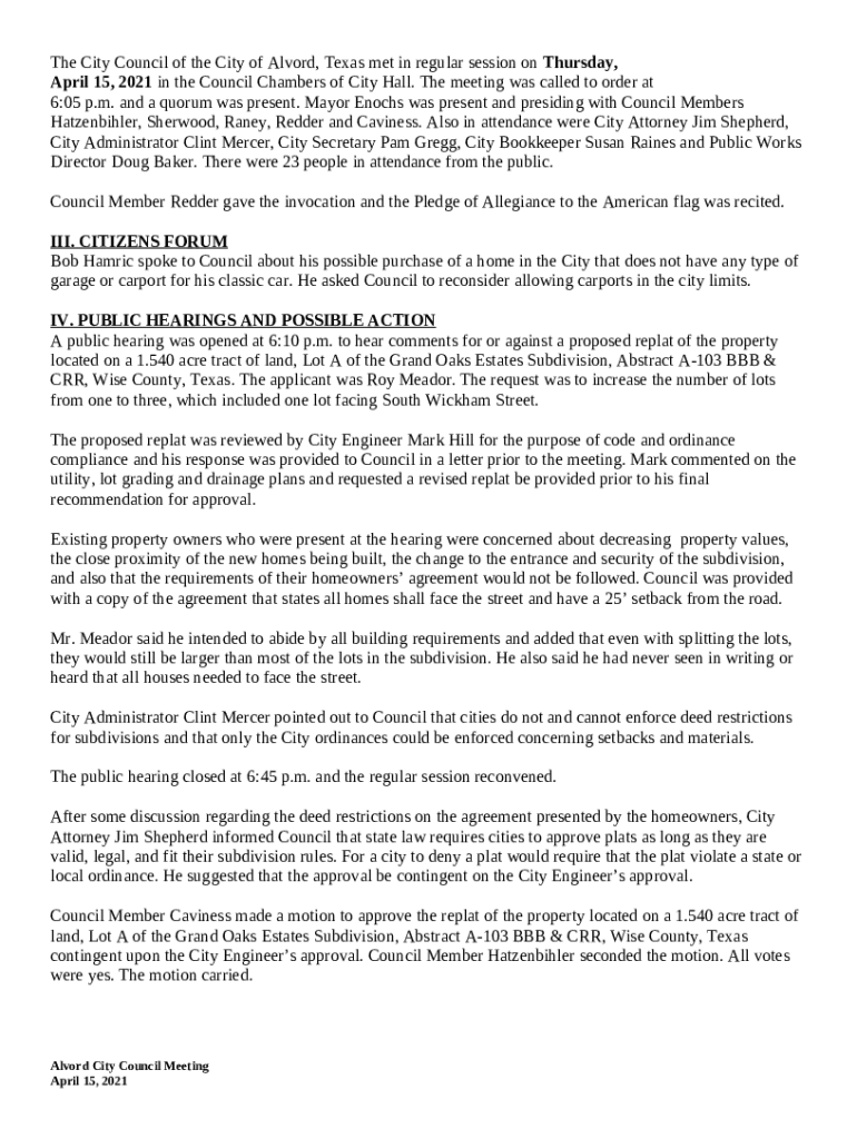 The City of Alvord Doc Template pdfFiller