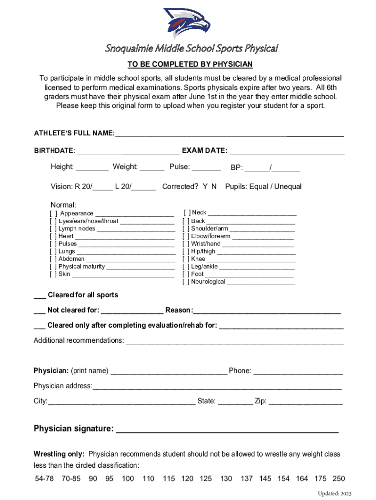 Fillable Online Athletics / Sports Physical Form Fax Email Print ...