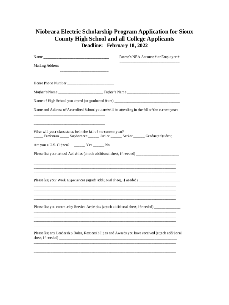 Niobrara Electric Scholarship Program Application Doc Template pdfFiller