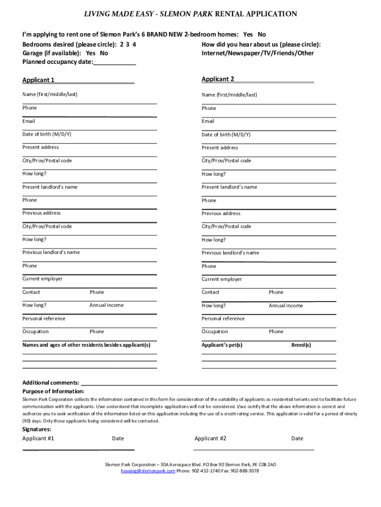 Fillable Online SLEMON PARK RENTAL APPLICATION Fax Email Print pdfFiller