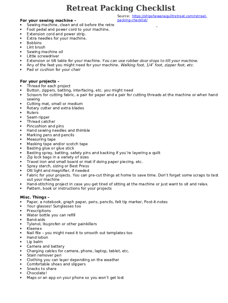 What to Pack for a Quilting Retreat + FREE Packing Checklist Doc Template pdfFiller