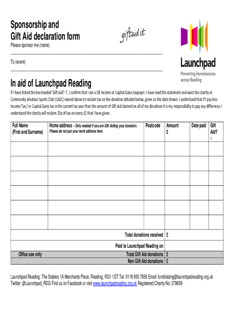Fillable Online launchpadreading org Sponsorship and Gift Aid