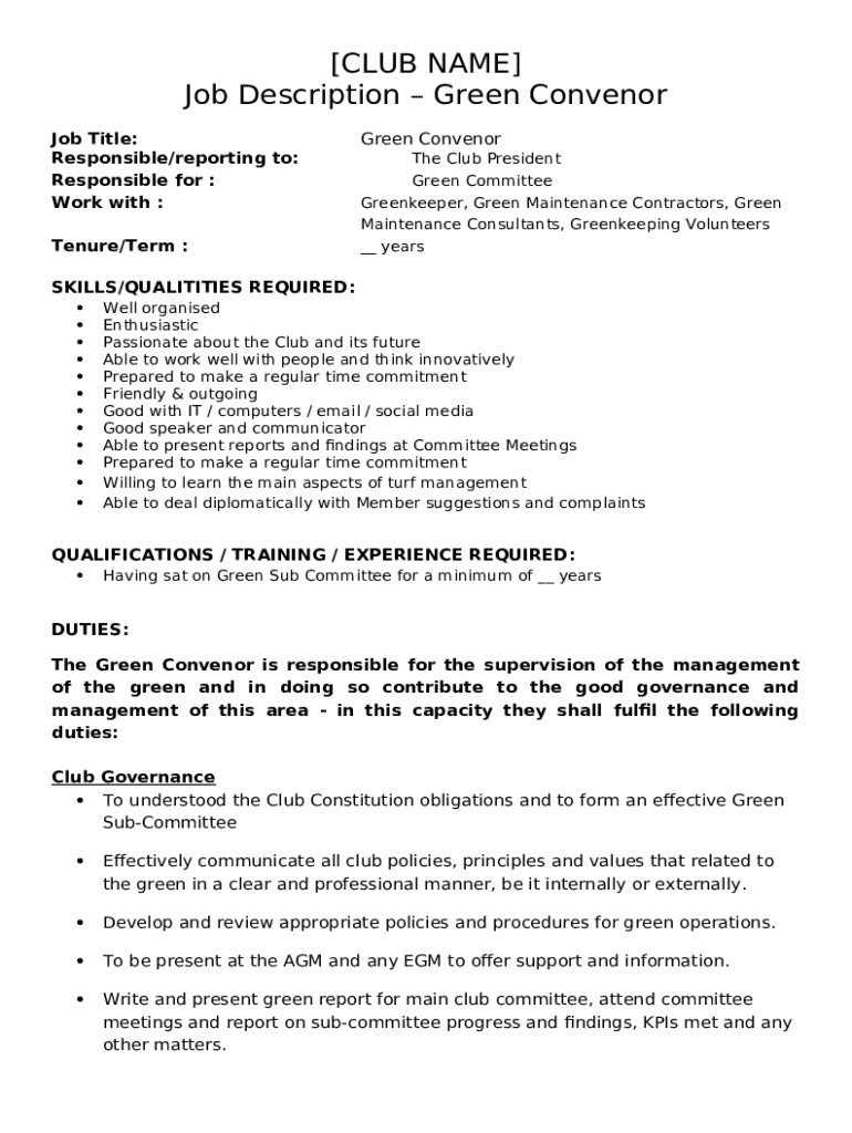 Greenkeeper Responsibilities (With Duties and Jobs) Doc Template
