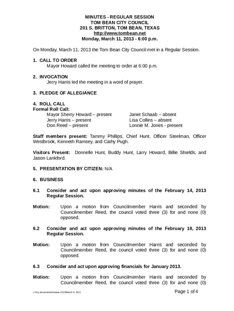 On Monday, March 11, 2013 the Tom Bean City Council met in a Regular