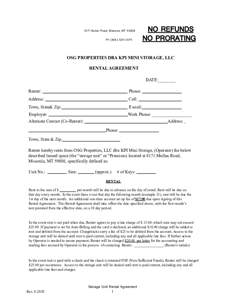 Fillable Online Moving Truck Rental in Missoula, MT at KPI Mini Storage