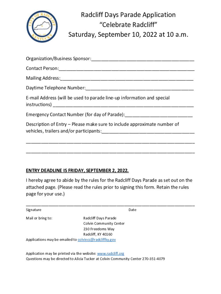 Fillable Online Radcliff Days Parade Application... Fax Email Print