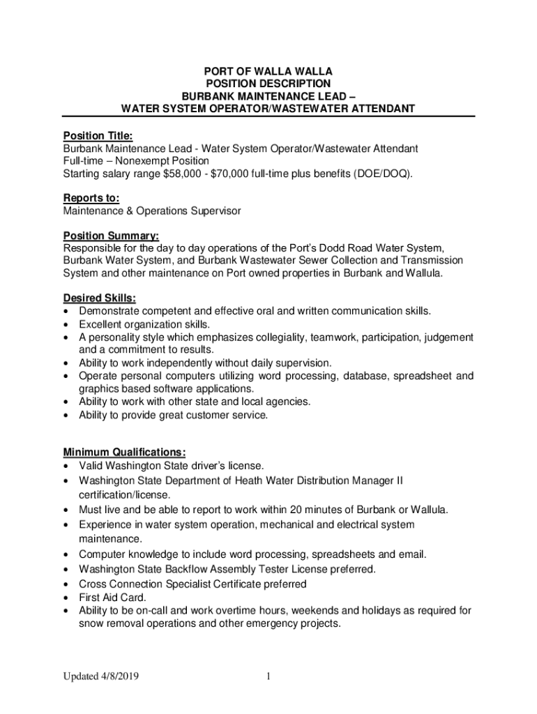 Fillable Online Job Posting for Water Treatment Operator at City of