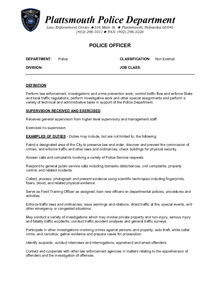 Fillable Online Plattsmouth Police Department, NE Police Arrests, Jail