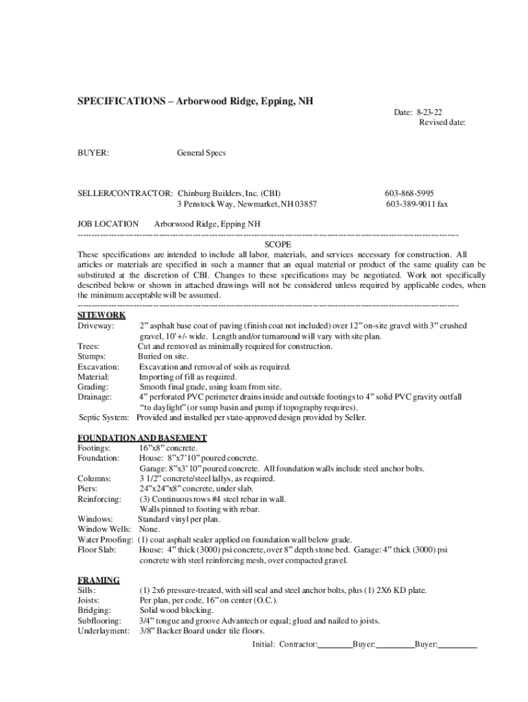 Fillable Online Arborwood Ridge, Epping, NH SPECIFICATIONS Fax Email