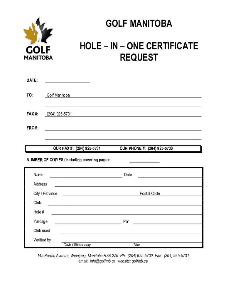 Fillable Online GOLF MANITOBA HOLE IN ONE CERTIFICATE ... Fax Email ...
