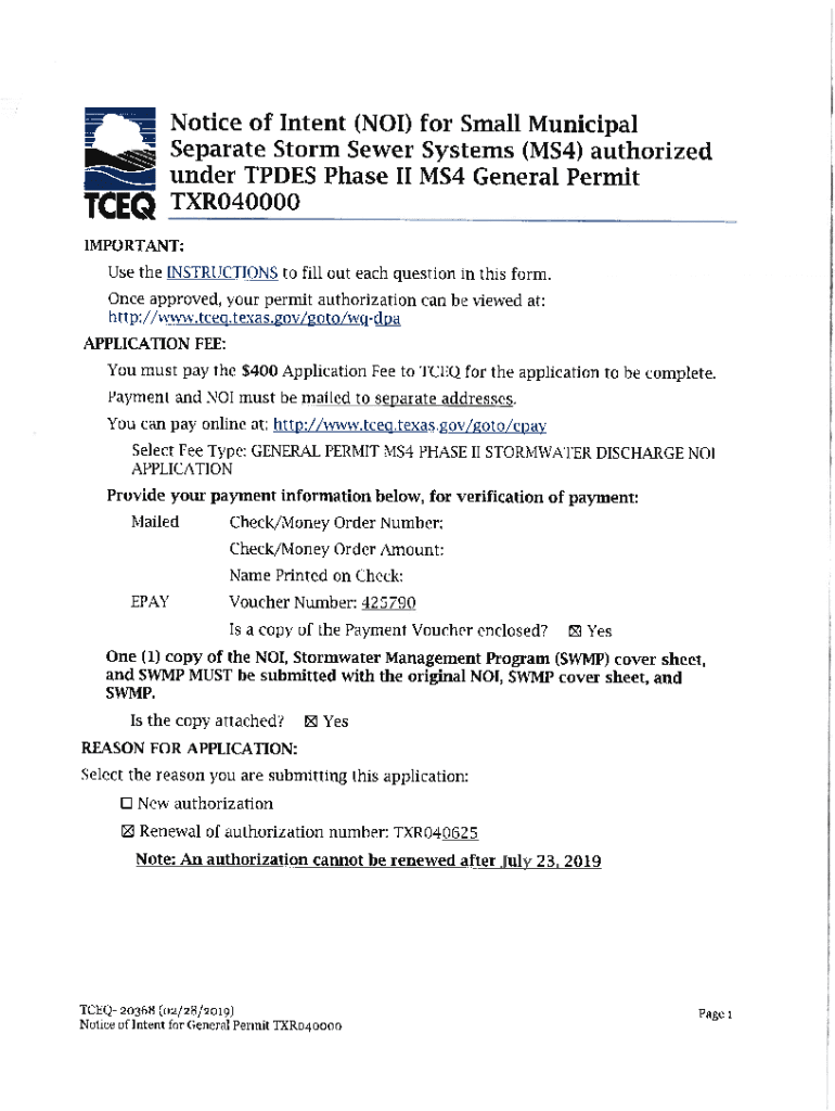 Fillable Online Notice to Intent TCEQ Small Municipal Separate Storm