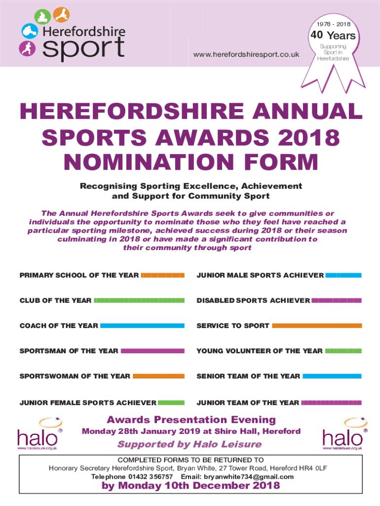 Fillable Online Herefordshire Sport's annual Sports Awards will be held