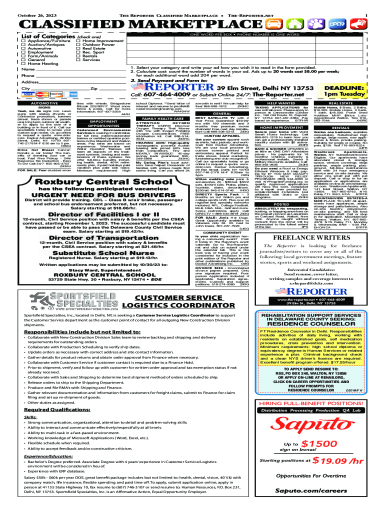 Fillable Online The Reporter Classified Marketplace The-Reporter Fax ...