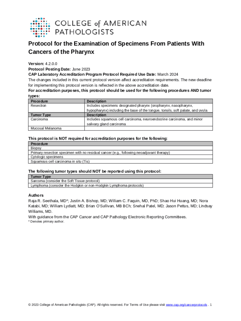 CAP Laboratory Accreditation Program Protocol Required Use Date March