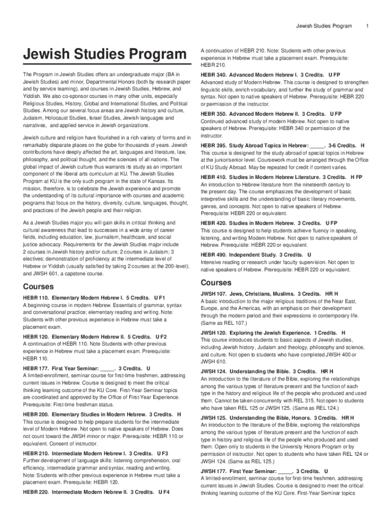 Fillable Online Jewish Studies, B.A. - Course Catalog - College of ...