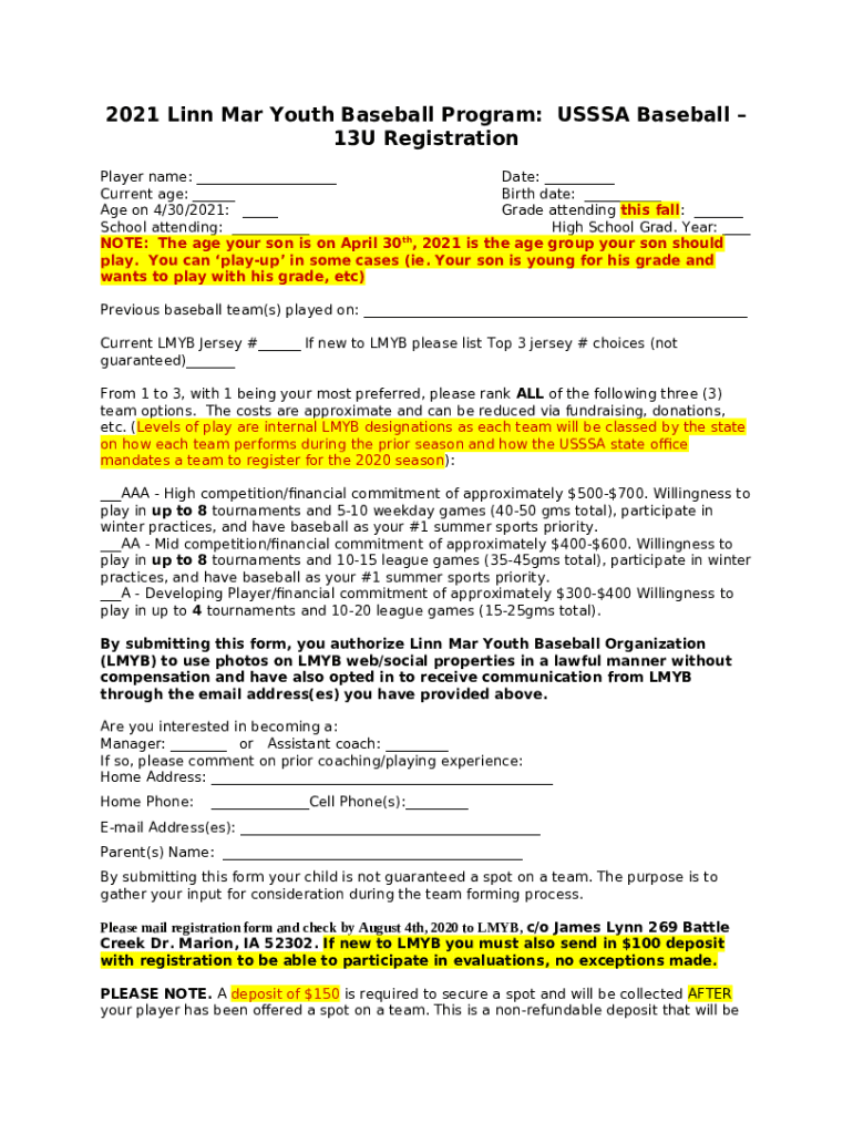 2021 Linn Mar Youth Baseball ProgramUSSSA Baseball 13U Registration