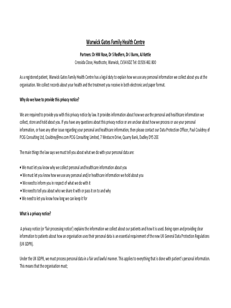 Fillable Online Warwick Gates Family Health Centre Services Fax Email