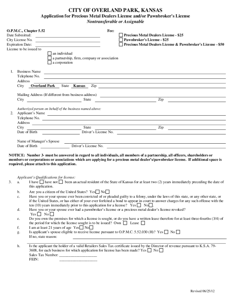 Fillable Online www2 opkansas Precious Metal Dealers and Pawnbroker's