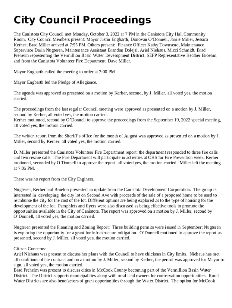 The Canistota City Council met Monday, October 3, 2022 at 7 PM in the