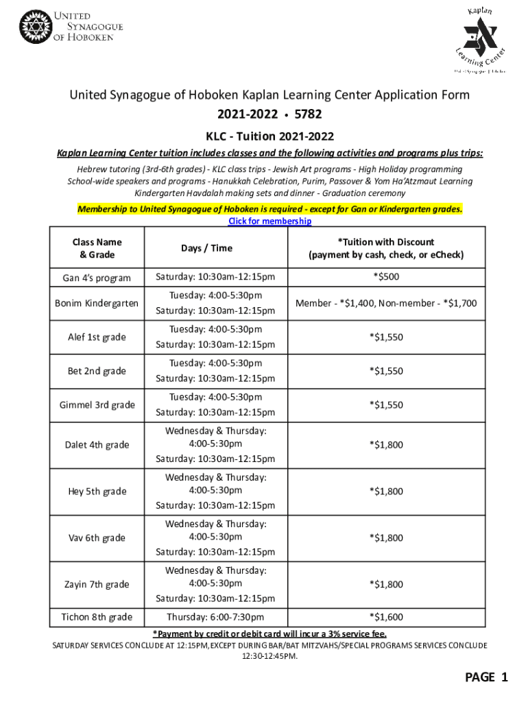 Fillable Online KLC Application Form 20212022 (Part 1) Tuition Rates