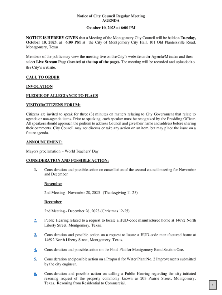 Fillable Online October 10, 2023, at 600 PM at the City of Montgomery