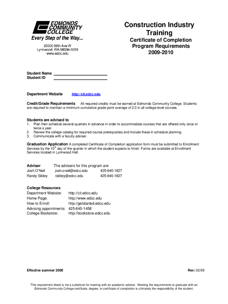 Fillable Online Program Construction Industry Training Certificate