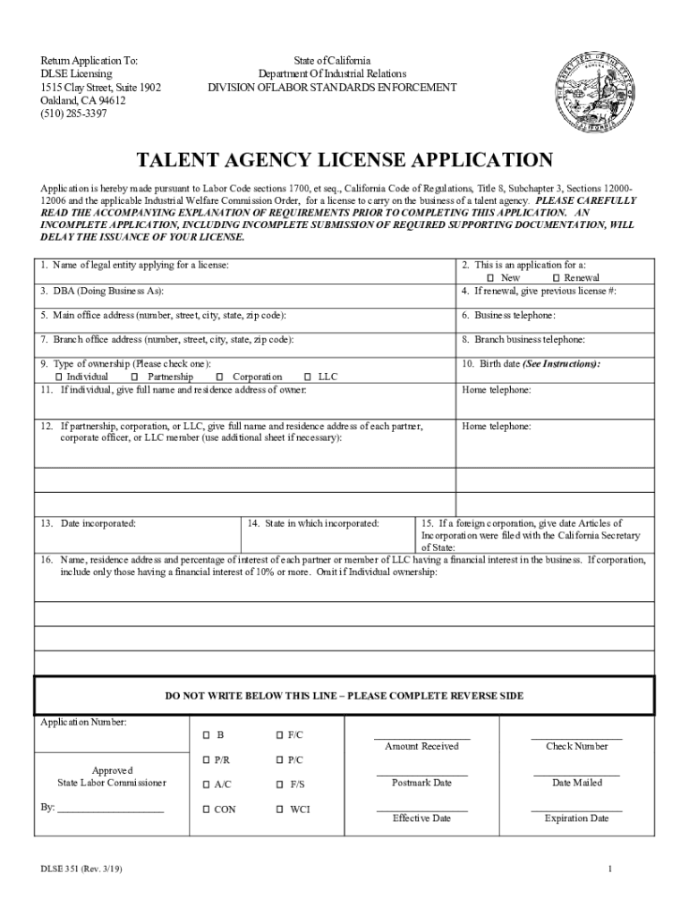 talent agency license application Preview on Page 1