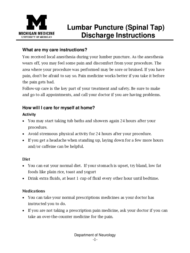 Lumbar Puncture (Spinal Tap) Discharge Instructions Preview on Page 1