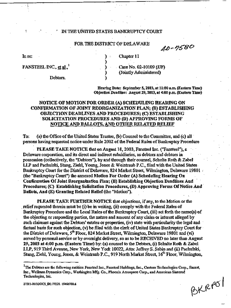 Fillable Online Notice of Motion for Order Scheduling Hearing on