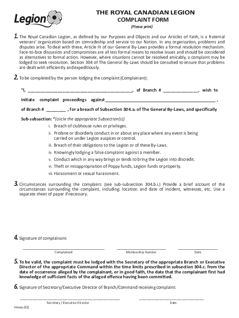 royal legion complaint form Preview on Page 1