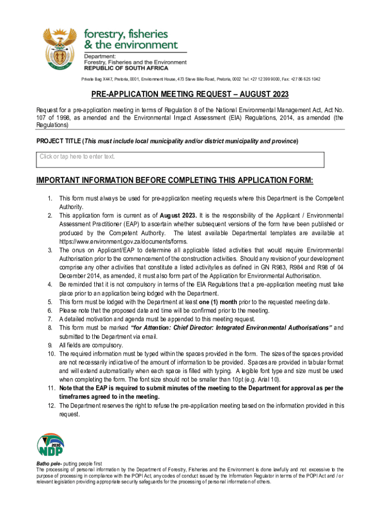 Fillable Online Request for a preapplication meeting in terms of