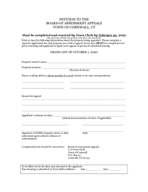 petition to the board of assessment appeals town of cornwall, ct